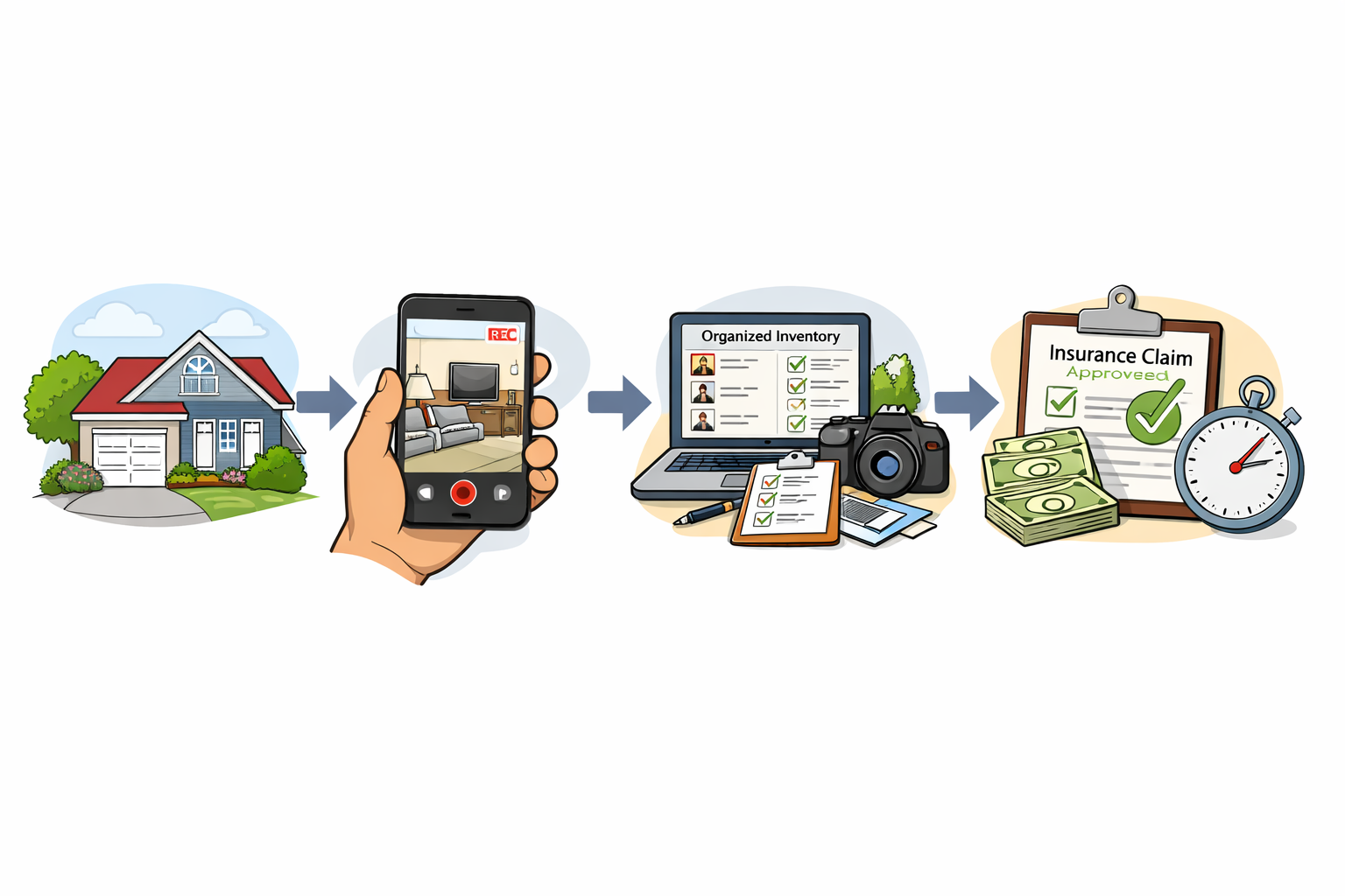 Home → Phone Video → Organized Inventory → Faster Insurance Claim